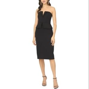 LIV FOSTER Strapless Black Peplum Midi Dress Stretch Crepe Size 6